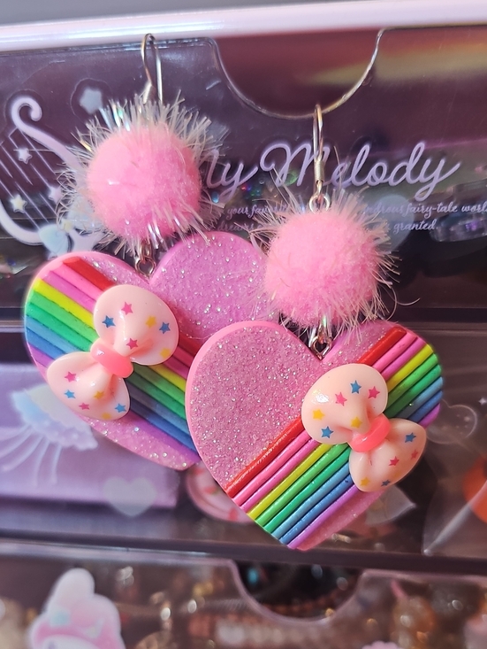 no brand Jewelry - Pink Rainbow Heart Drop Earrings with Bow Accent - Cute Girls Jewelry